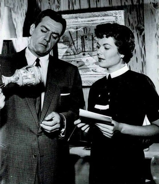 Barbara Hale and Raymond Burr in Perry Mason 