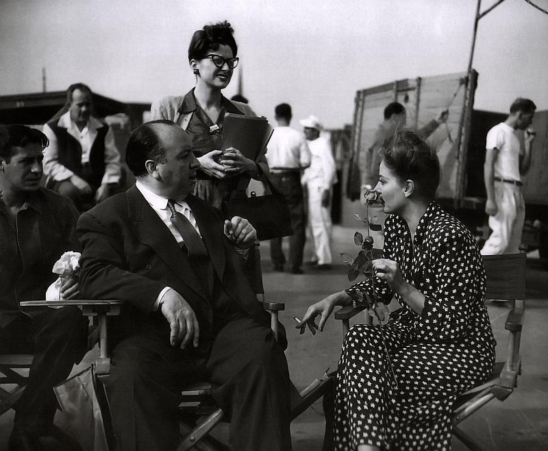 Tallulah Bankhead and Alfred Hitchcock on the set of Lifeboat