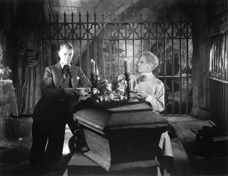 Director James Whale and Ernest Thesiger on the set of The Bride of Frankenstein (1935).