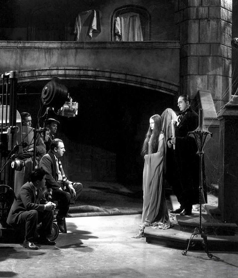Director Tod Browning, Carroll Borland, and Bela Lugosi behind the scenes of Mark of the Vampire